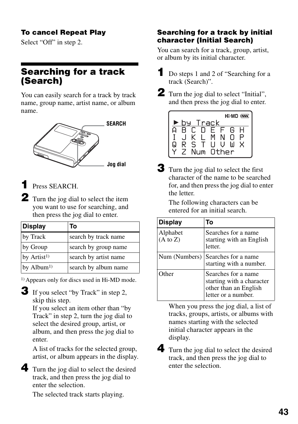 Searching for a track (search) | Sony MZ-M10 User Manual | Page 43 / 115