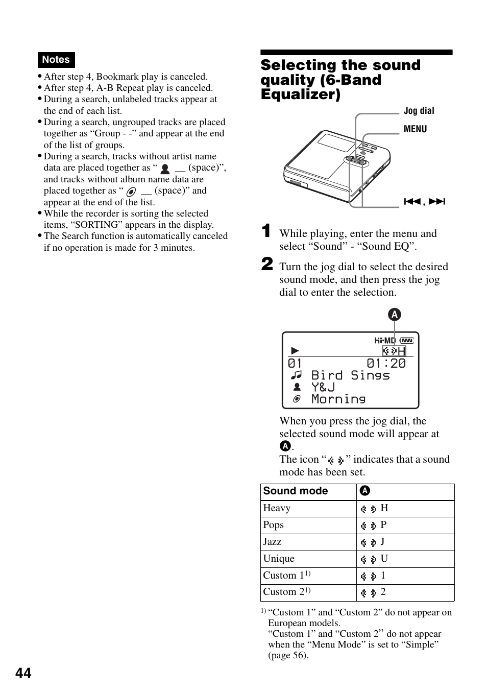 Selecting the sound quality (6-band equalizer) | Sony MZ-M10 User Manual | Page 44 / 115