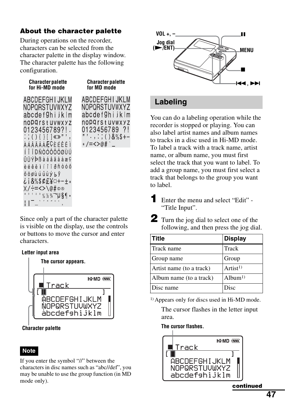 Labeling | Sony MZ-M10 User Manual | Page 47 / 115