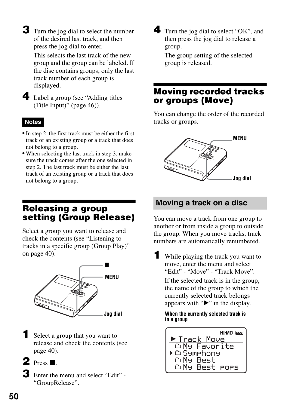 Releasing a group setting (group release), Moving recorded tracks or groups (move), Moving a track on a disc | Sony MZ-M10 User Manual | Page 50 / 115