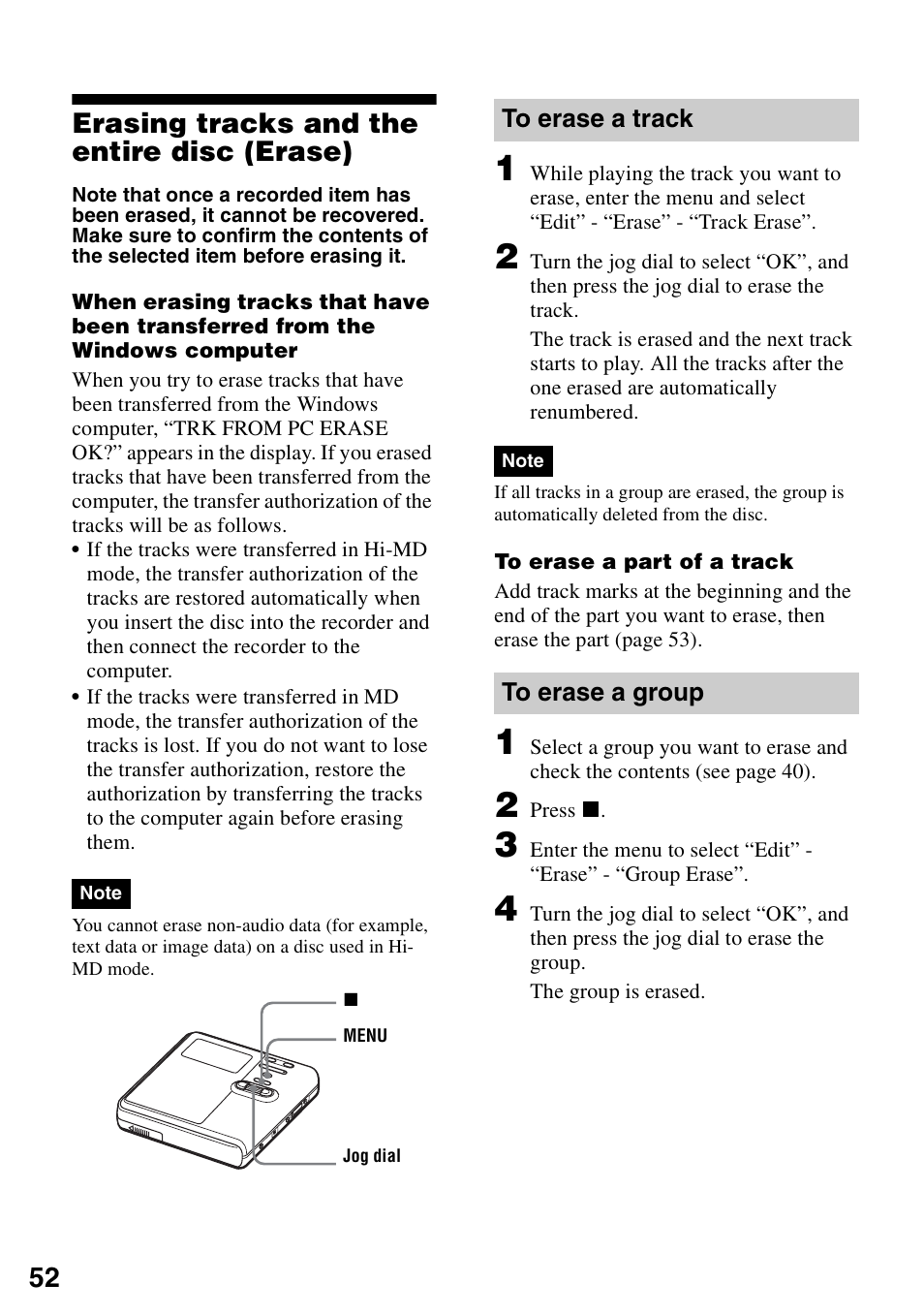 Erasing tracks and the entire disc (erase), To erase a track, To erase a group | 52 erasing tracks and the entire disc (erase) | Sony MZ-M10 User Manual | Page 52 / 115