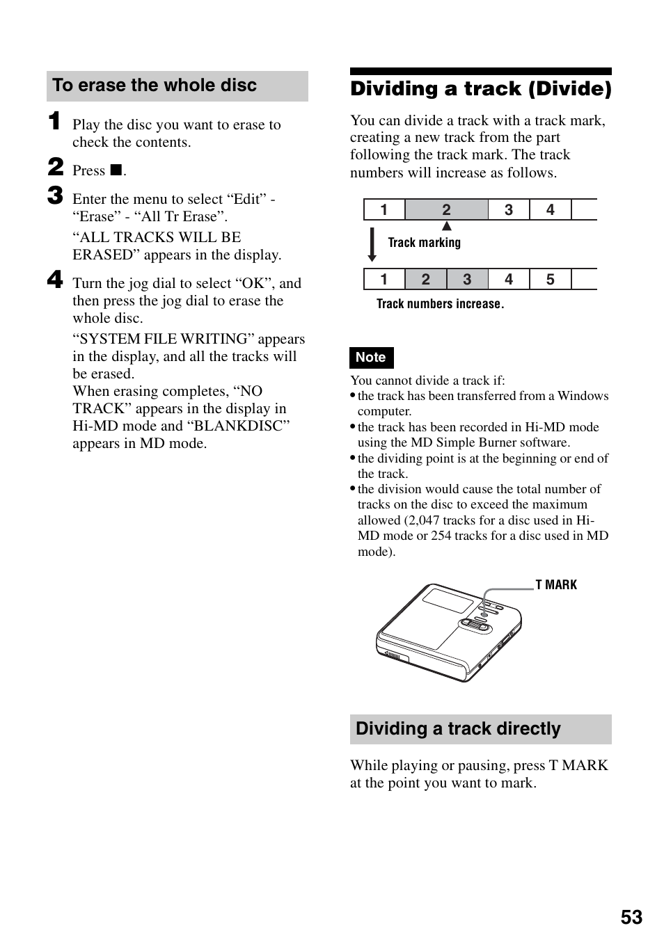 To erase the whole disc, Dividing a track (divide), Dividing a track directly | Sony MZ-M10 User Manual | Page 53 / 115