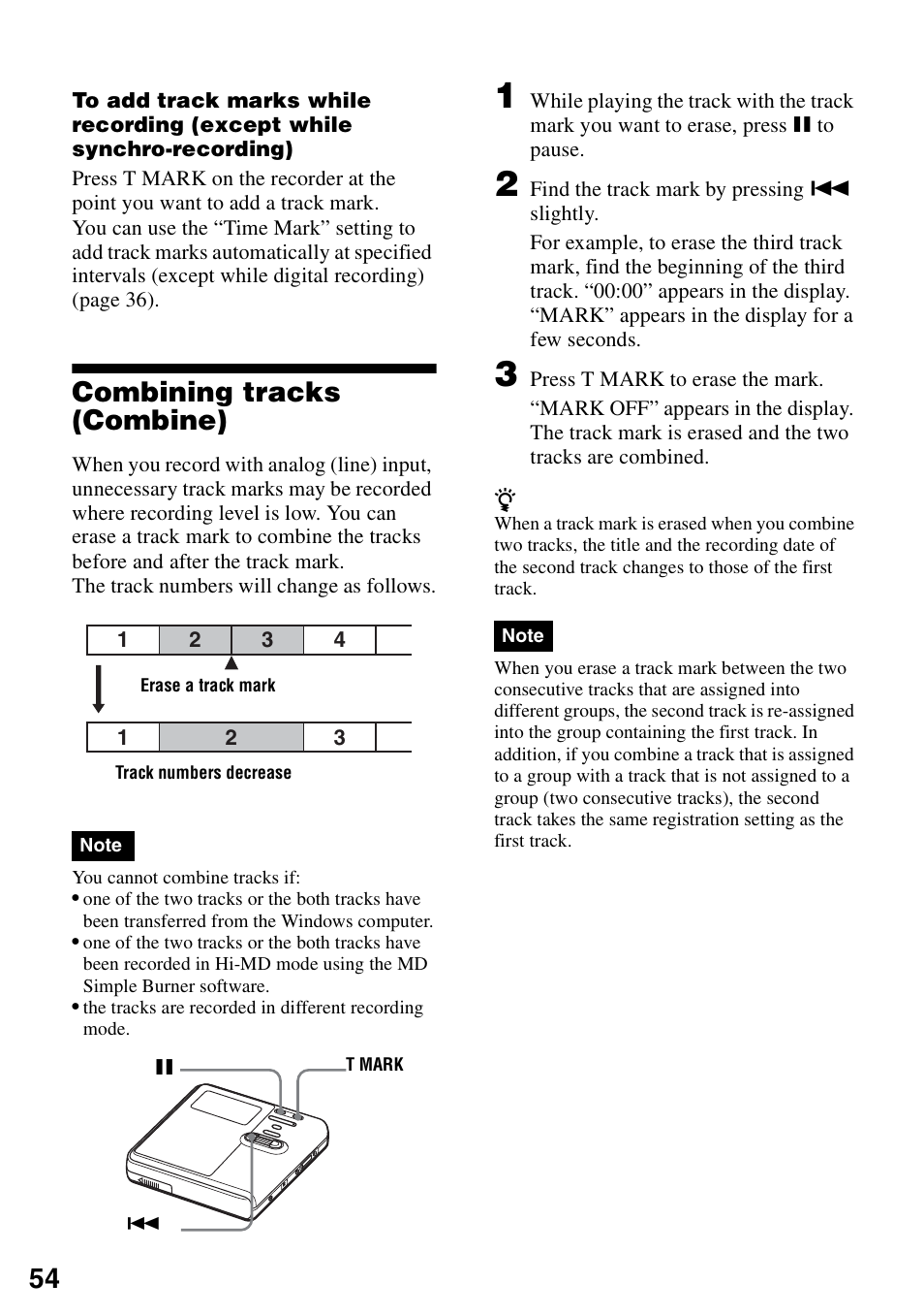 Combining tracks (combine) | Sony MZ-M10 User Manual | Page 54 / 115