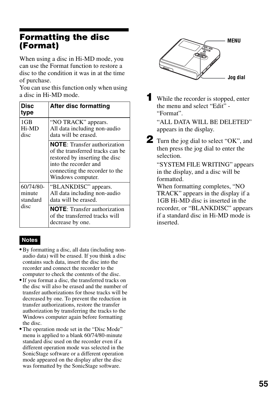 Formatting the disc (format), 55 formatting the disc (format) | Sony MZ-M10 User Manual | Page 55 / 115