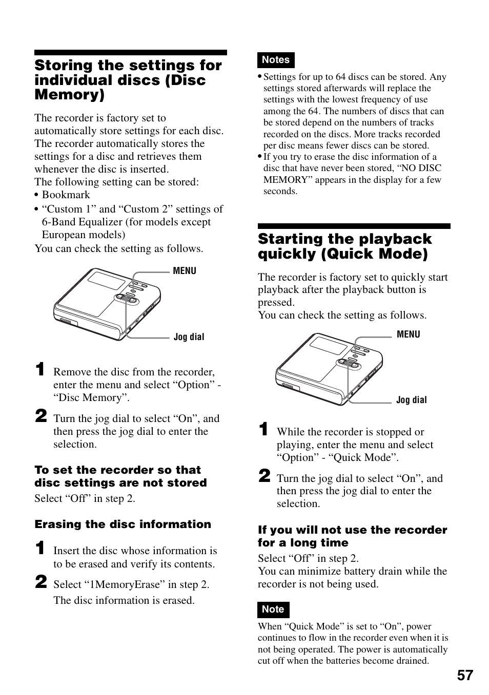 Starting the playback quickly (quick mode) | Sony MZ-M10 User Manual | Page 57 / 115