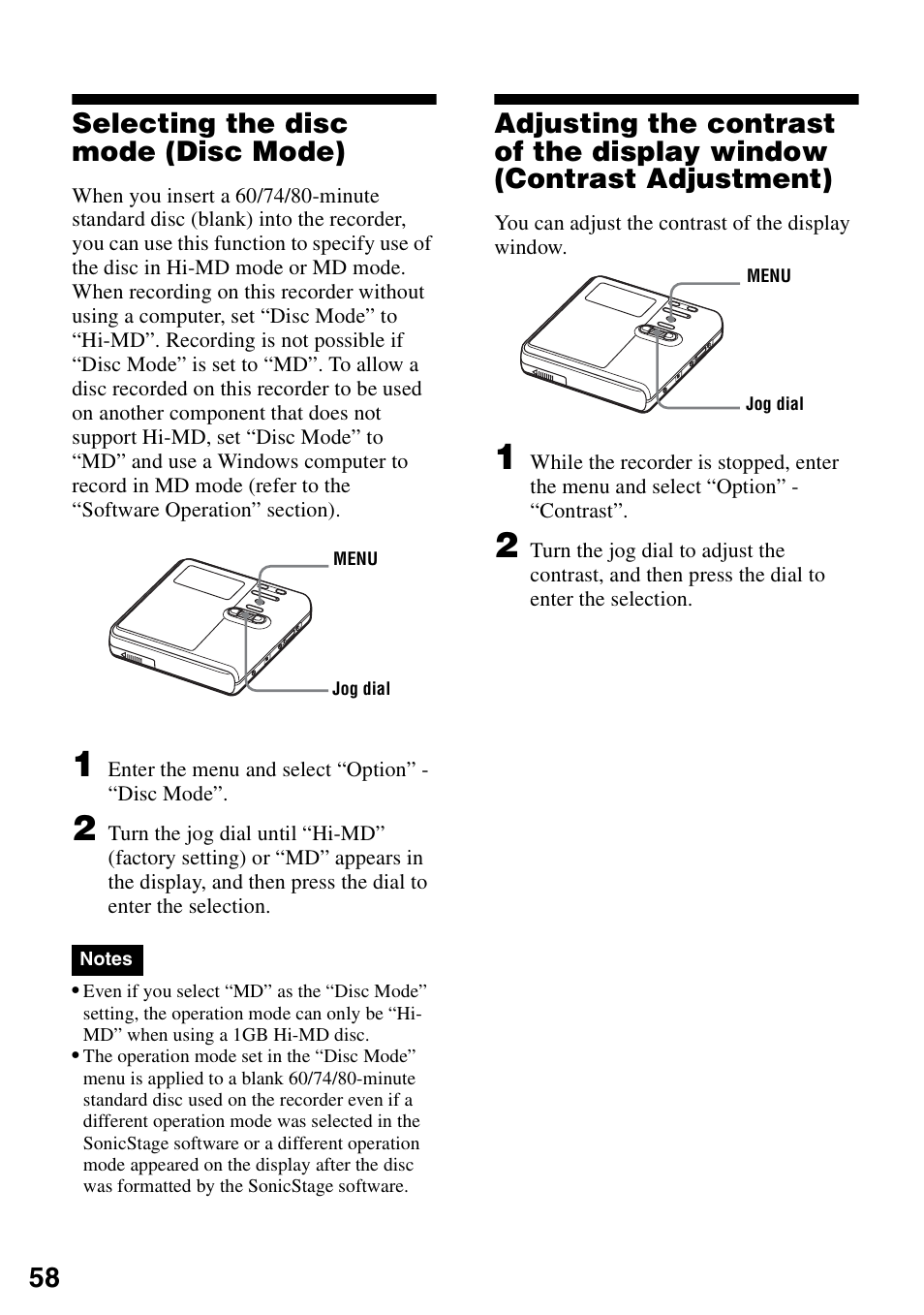 Selecting the disc mode (disc mode), 58 selecting the disc mode (disc mode) | Sony MZ-M10 User Manual | Page 58 / 115
