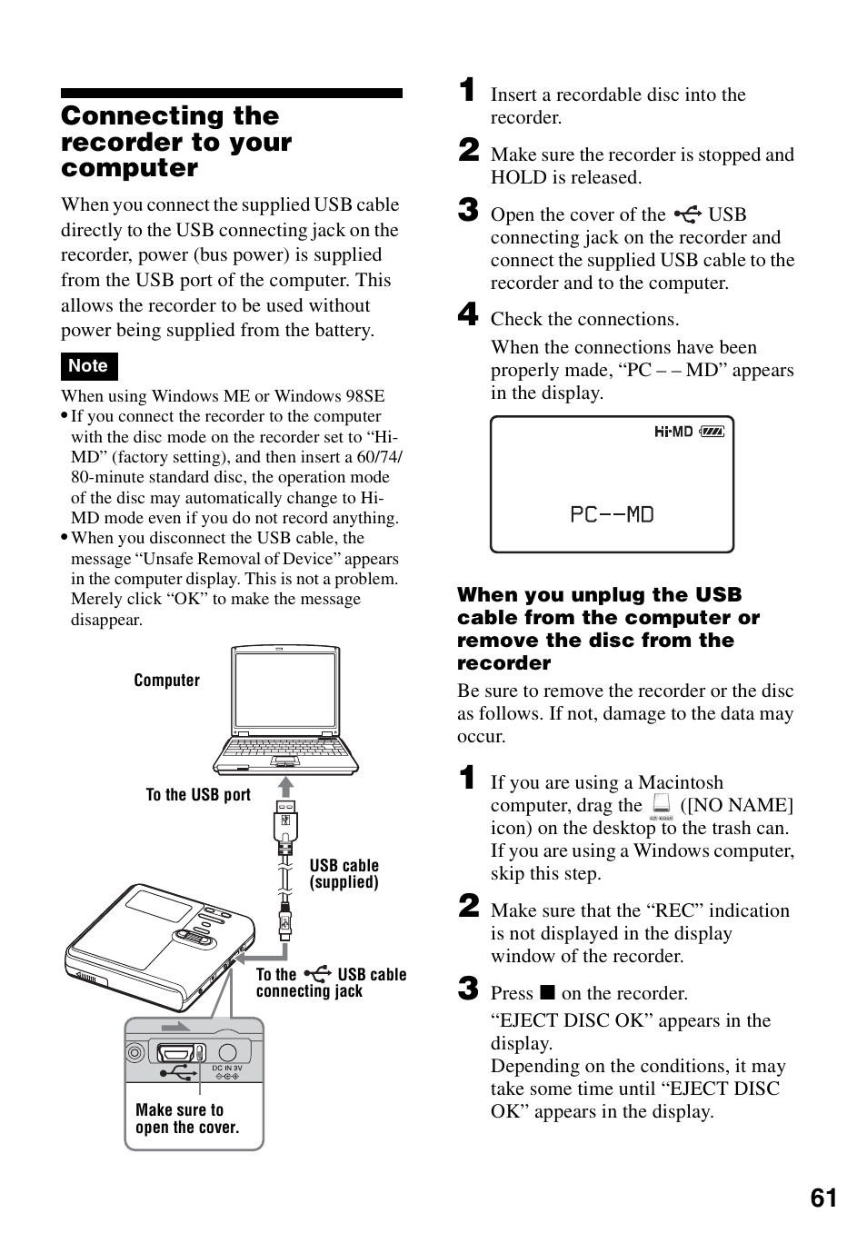 Connecting the recorder to your computer, 61 connecting the recorder to your computer | Sony MZ-M10 User Manual | Page 61 / 115