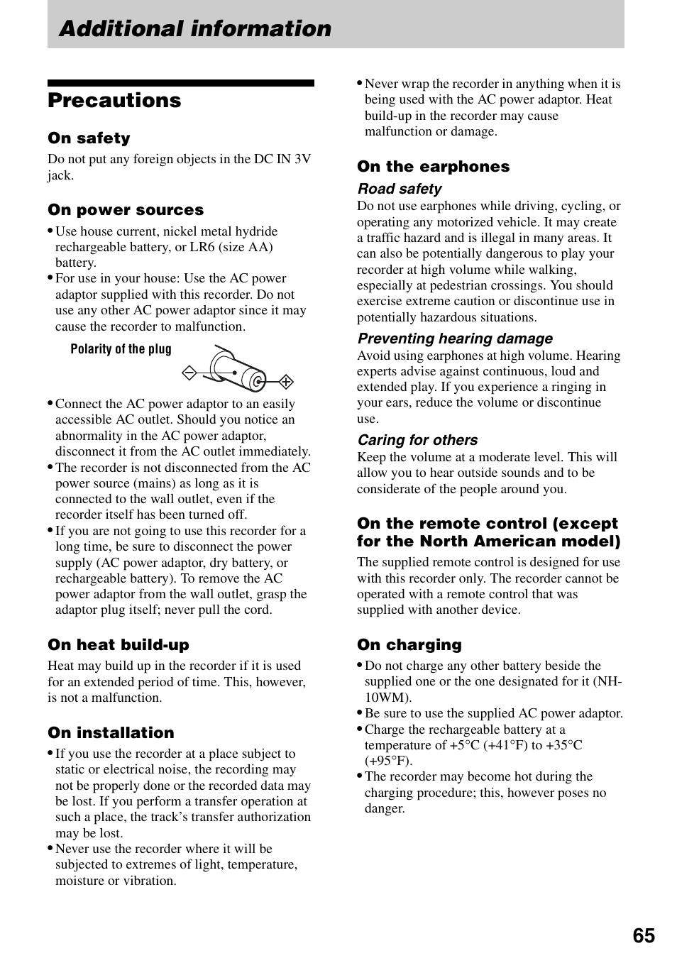 Additional information, Precautions | Sony MZ-M10 User Manual | Page 65 / 115