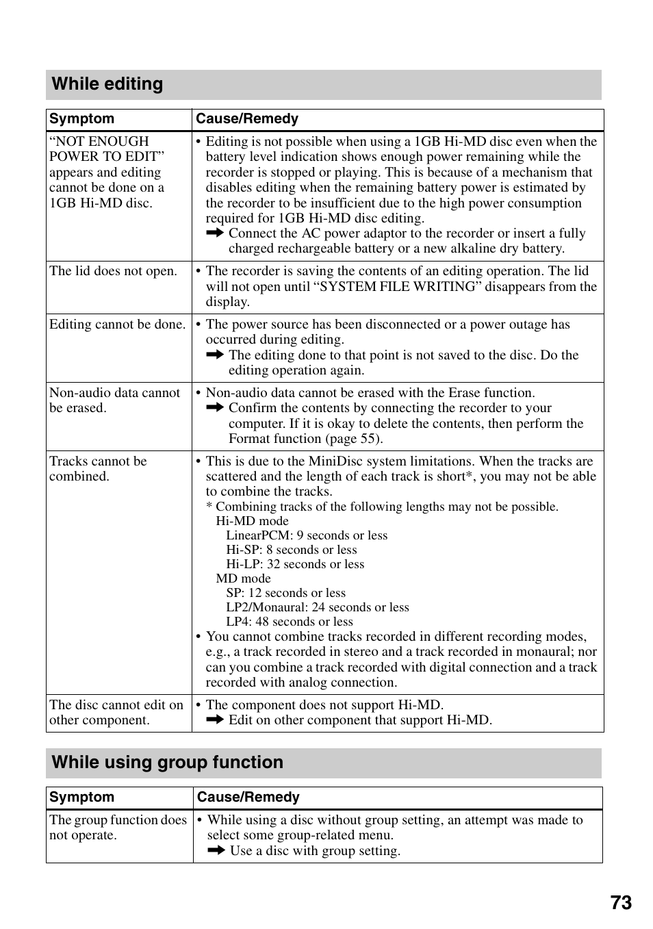 While editing, While using group function | Sony MZ-M10 User Manual | Page 73 / 115