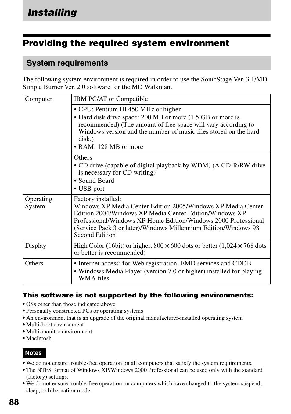 Installing, Providing the required system environment, System requirements | Sony MZ-M10 User Manual | Page 88 / 115