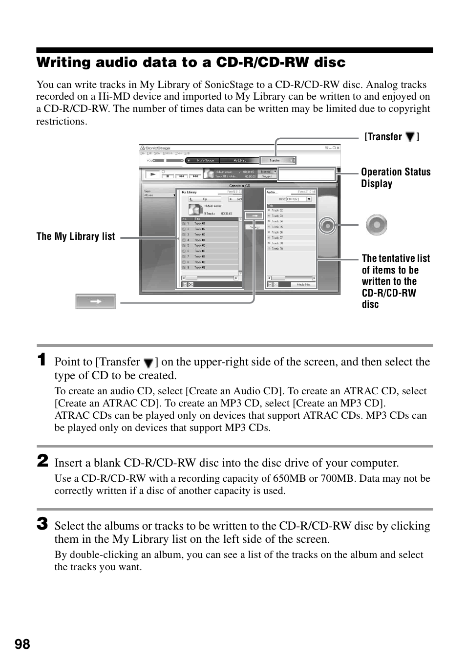 Writing audio data to a cd-r/cd-rw disc, 98 writing audio data to a cd-r/cd-rw disc | Sony MZ-M10 User Manual | Page 98 / 115