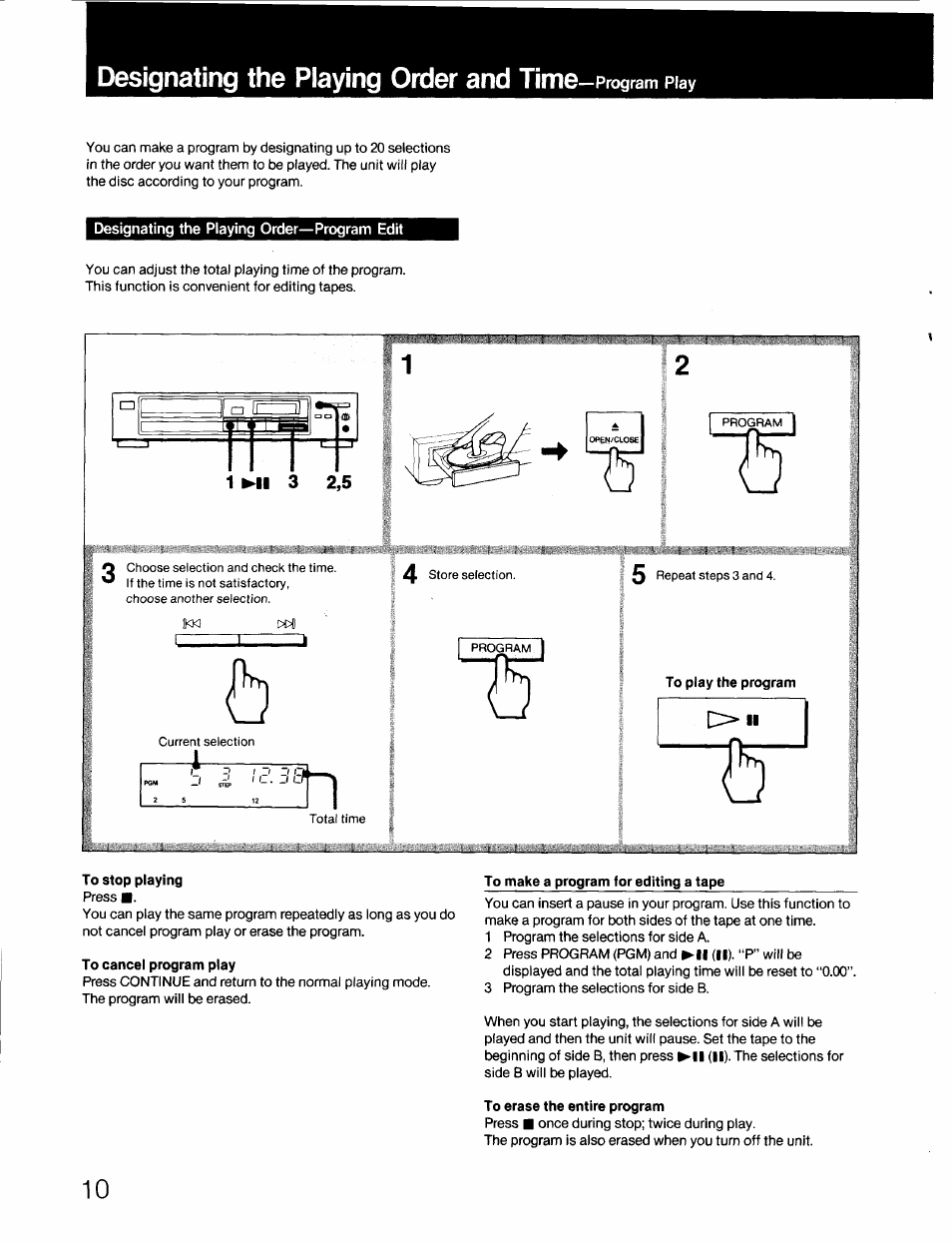 Designating the playing order—program edit, Designating the piaying order and time | Sony CDP-670 User Manual | Page 10 / 16