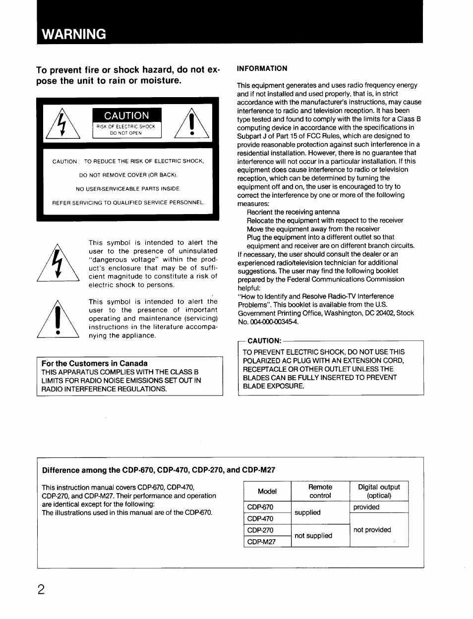 Warning | Sony CDP-670 User Manual | Page 2 / 16