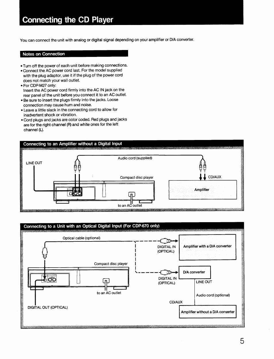 Connecting the cd player | Sony CDP-670 User Manual | Page 5 / 16