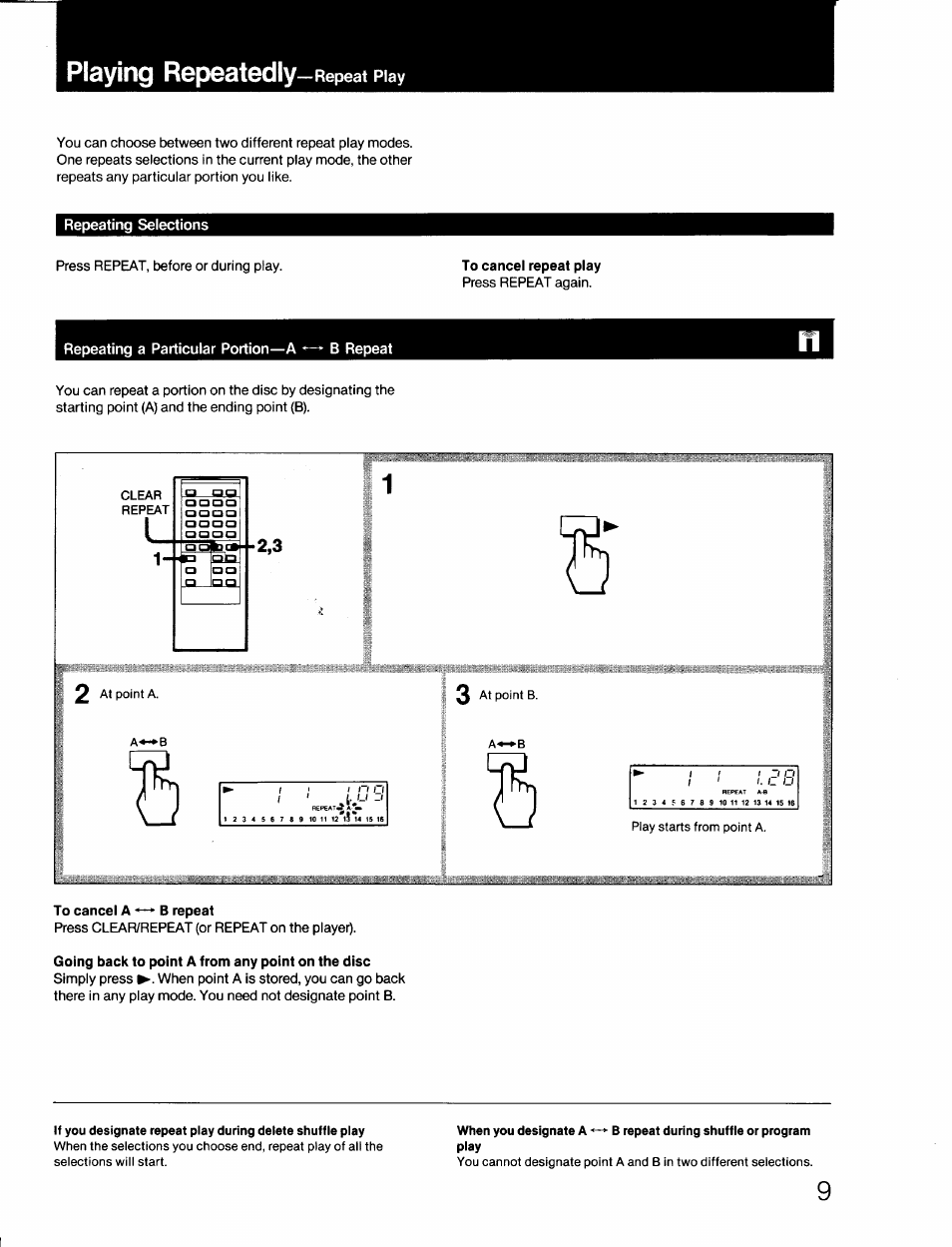 Playing repeatedly —repeat play, Playing repeatedly—repeat play, Playing repeatedly | Repeat play, I~f o, A a a a | Sony CDP-670 User Manual | Page 9 / 16