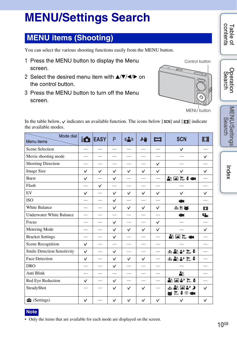 Menu/settings search, Se ar, Ttin | Menu items (shooting) | Sony DSC-WX1 User Manual | Page 10 / 135