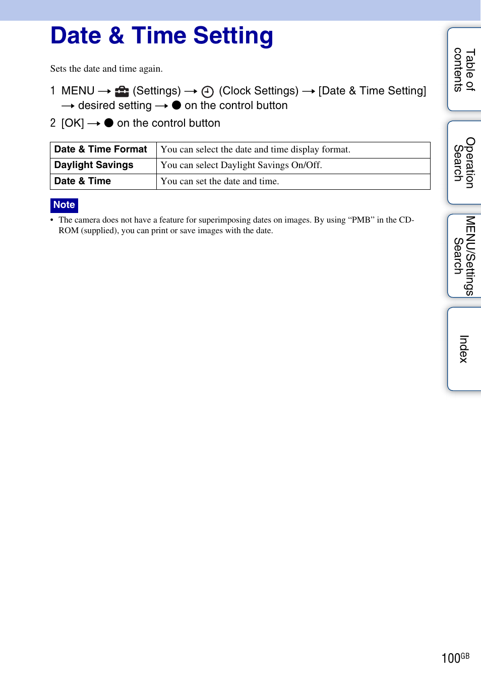 Date & time setting | Sony DSC-WX1 User Manual | Page 100 / 135