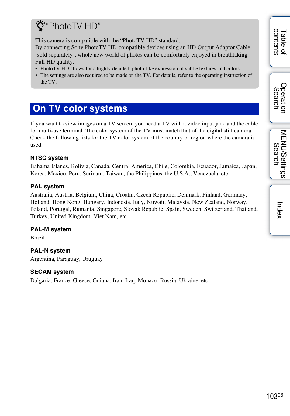 On tv color systems z, Phototv hd | Sony DSC-WX1 User Manual | Page 103 / 135