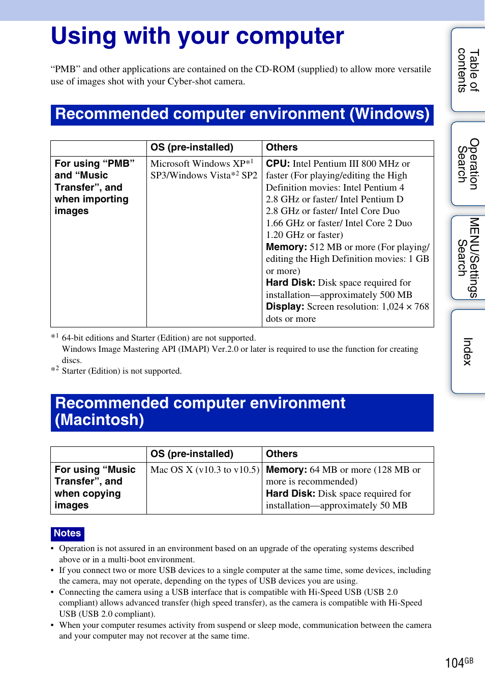 Using with your computer, Recommended computer environment (windows), Recommended computer environment (macintosh) | Sony DSC-WX1 User Manual | Page 104 / 135