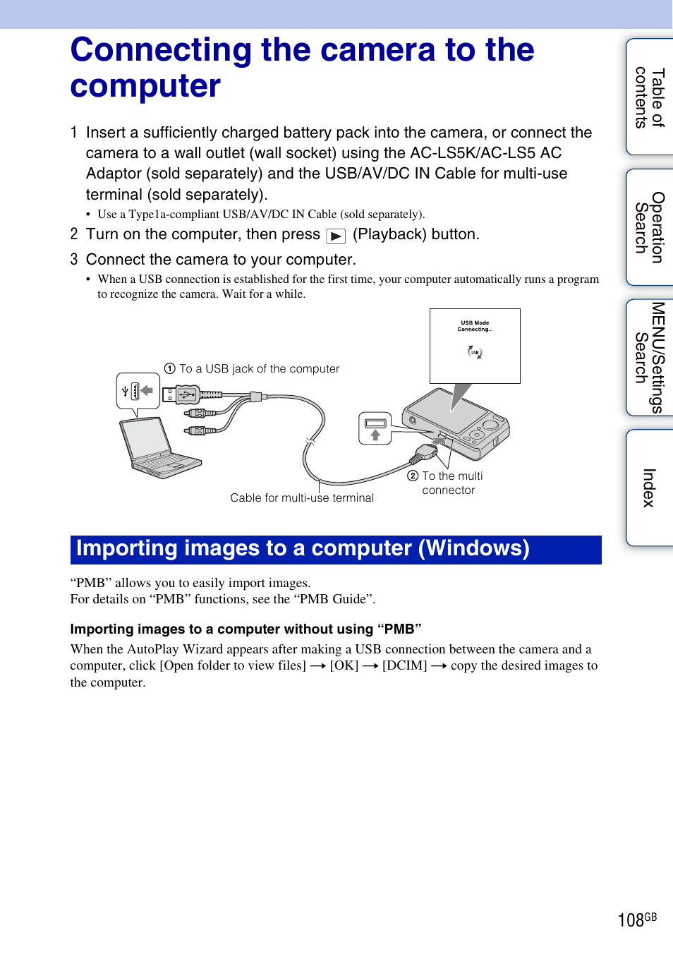 Connecting the camera to the computer, Importing images to a computer (windows) | Sony DSC-WX1 User Manual | Page 108 / 135