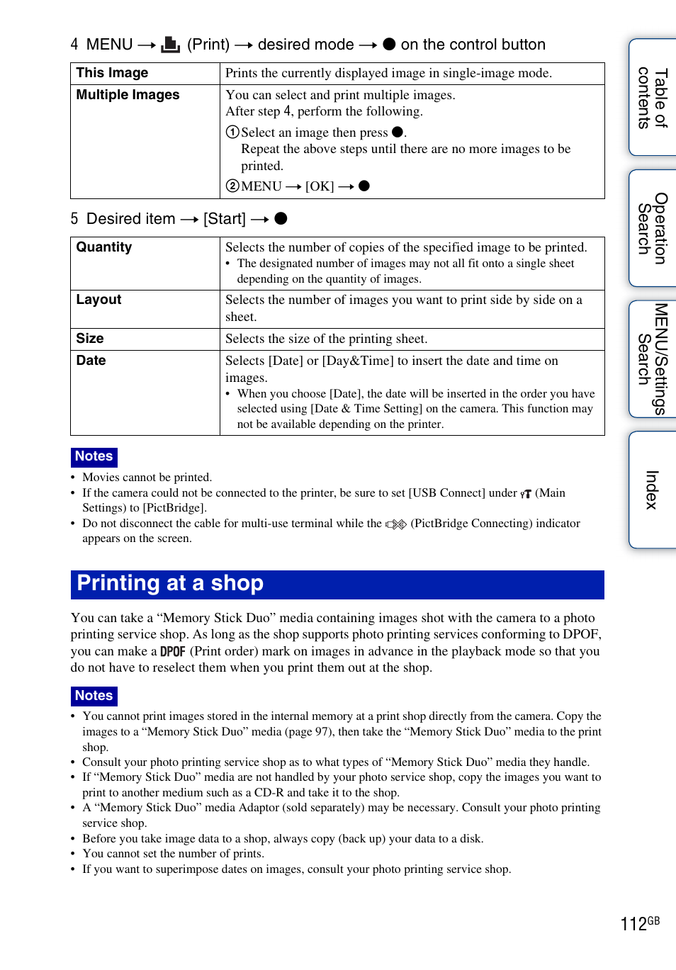 Printing at a shop | Sony DSC-WX1 User Manual | Page 112 / 135