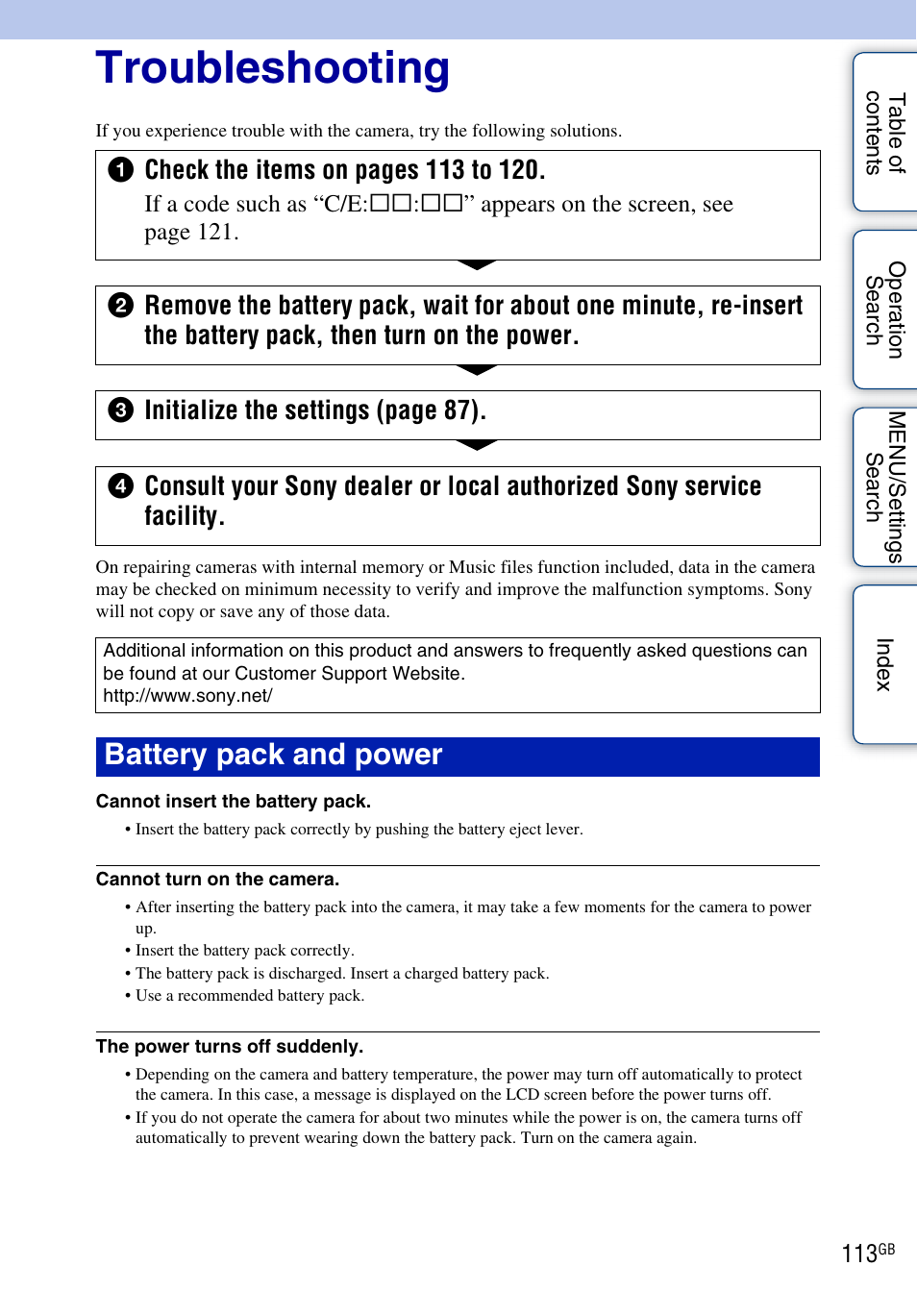 Troubleshooting, Battery pack and power | Sony DSC-WX1 User Manual | Page 113 / 135