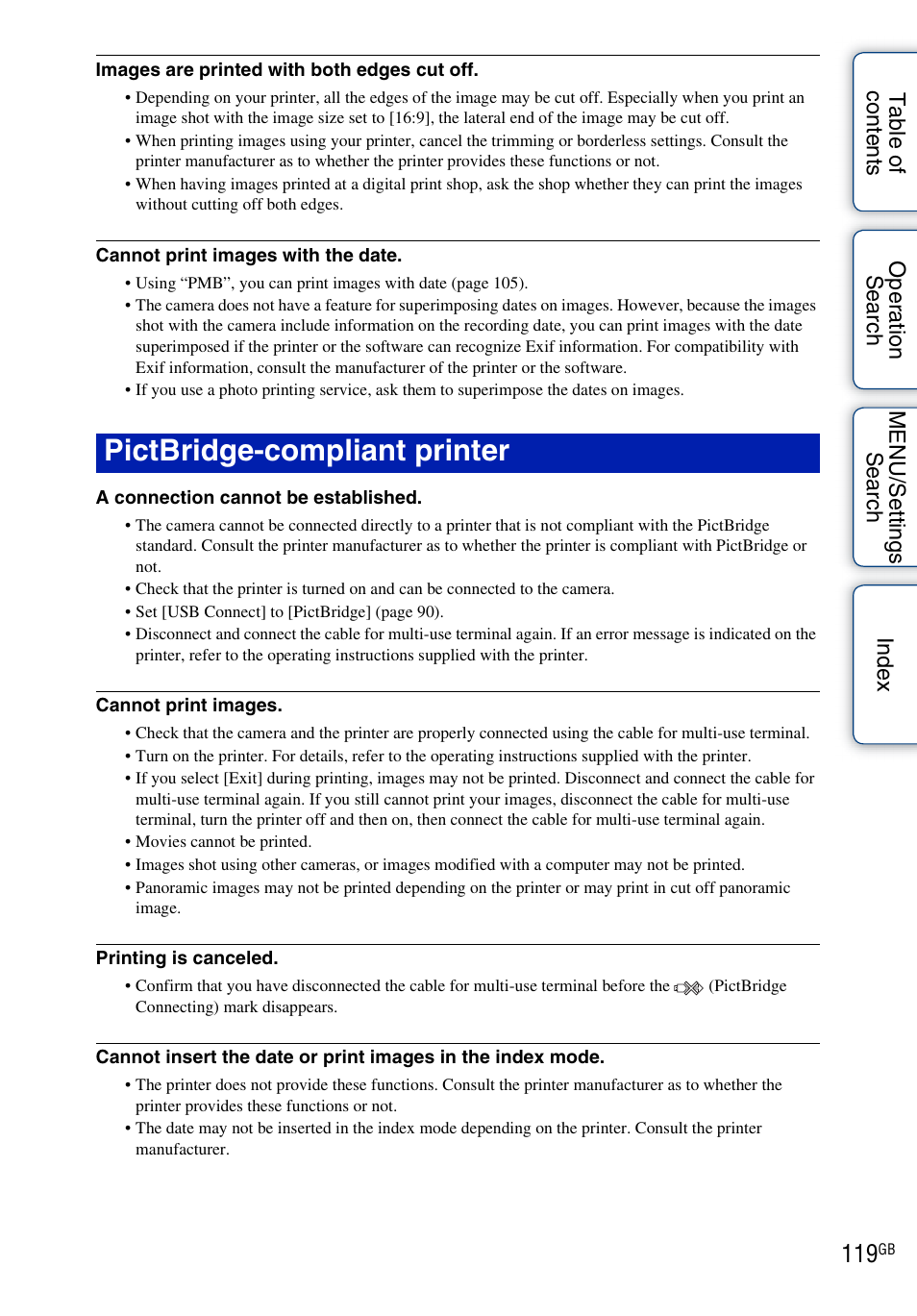 See “pictbridge-compliant printer, Pictbridge-compliant printer | Sony DSC-WX1 User Manual | Page 119 / 135