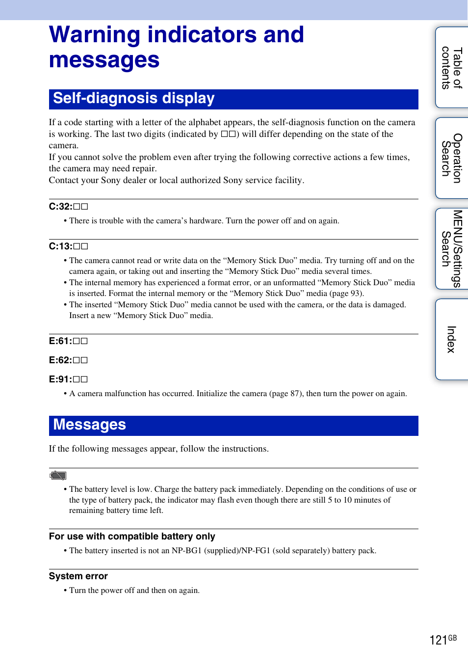 Warning indicators and messages, Self-diagnosis display messages | Sony DSC-WX1 User Manual | Page 121 / 135