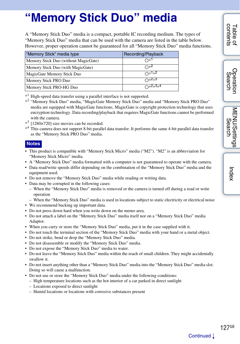 Memory stick duo” media | Sony DSC-WX1 User Manual | Page 127 / 135