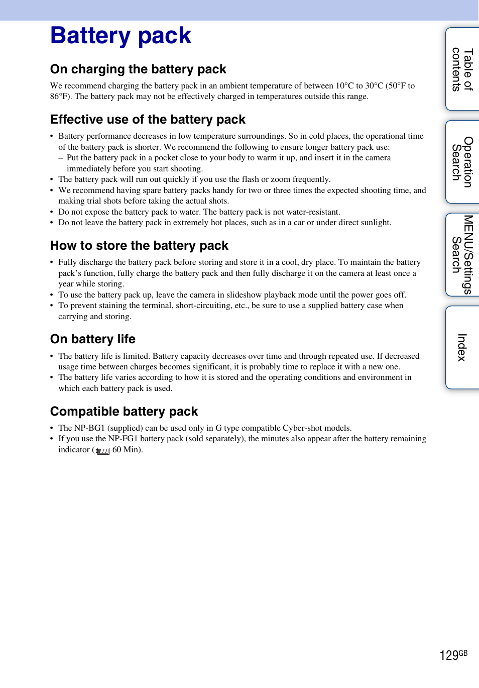 Battery pack, On charging the battery pack, Effective use of the battery pack | How to store the battery pack, On battery life, Compatible battery pack | Sony DSC-WX1 User Manual | Page 129 / 135