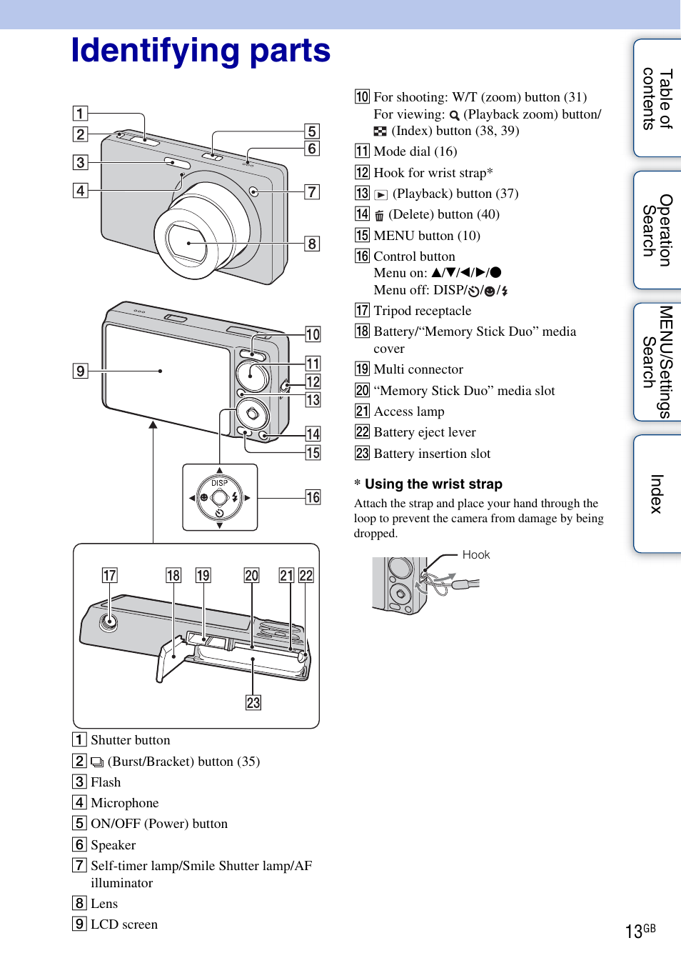 Identifying parts | Sony DSC-WX1 User Manual | Page 13 / 135