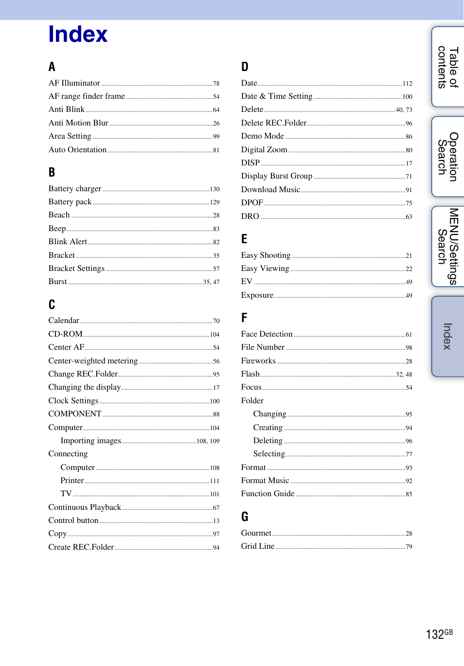 Index, De x | Sony DSC-WX1 User Manual | Page 132 / 135