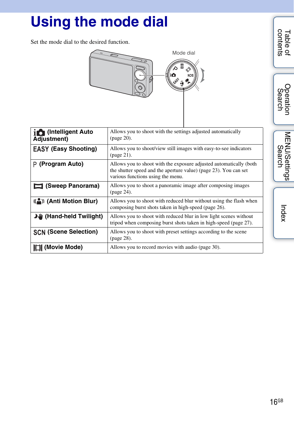 Using the mode dial | Sony DSC-WX1 User Manual | Page 16 / 135