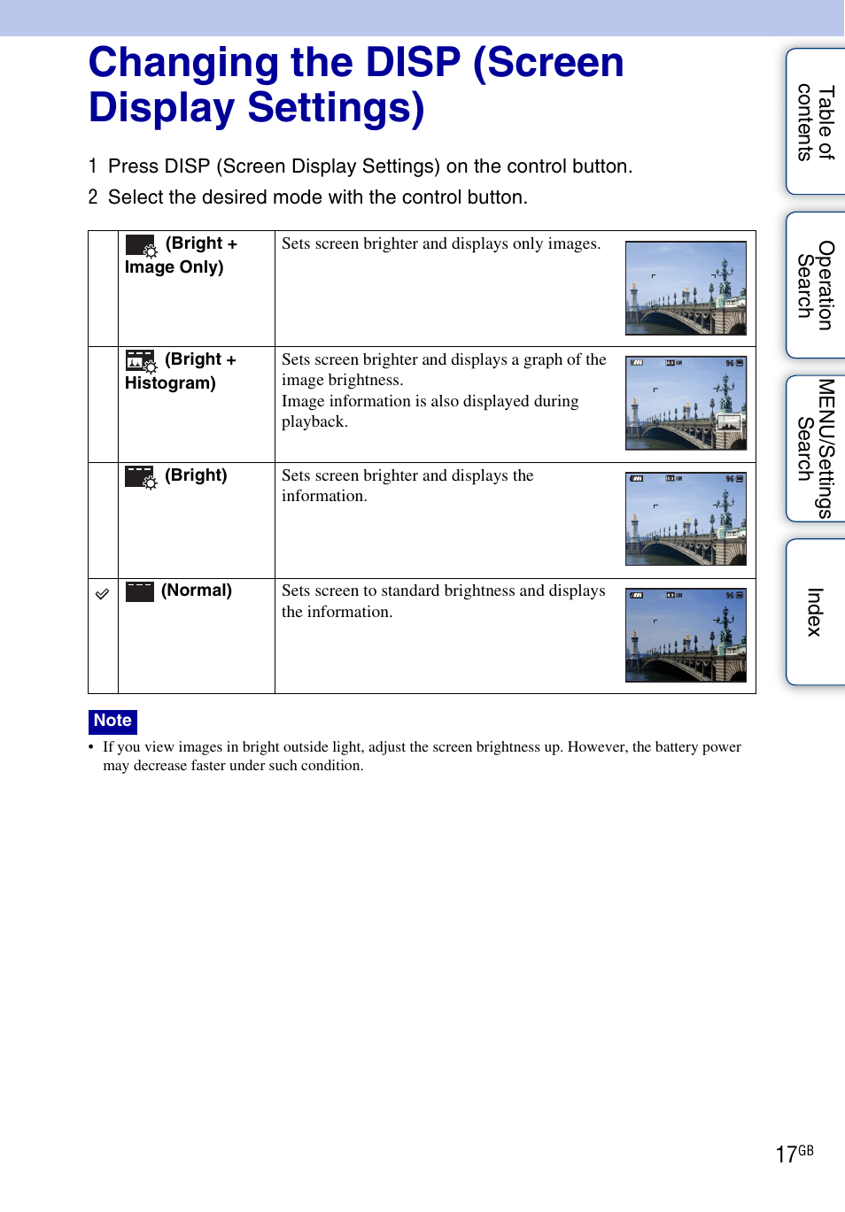 Changing the disp (screen display settings) | Sony DSC-WX1 User Manual | Page 17 / 135