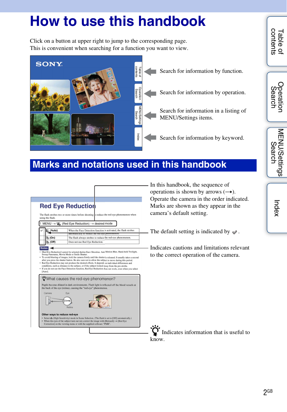 How to use this handbook, Marks and notations used in this handbook | Sony DSC-WX1 User Manual | Page 2 / 135