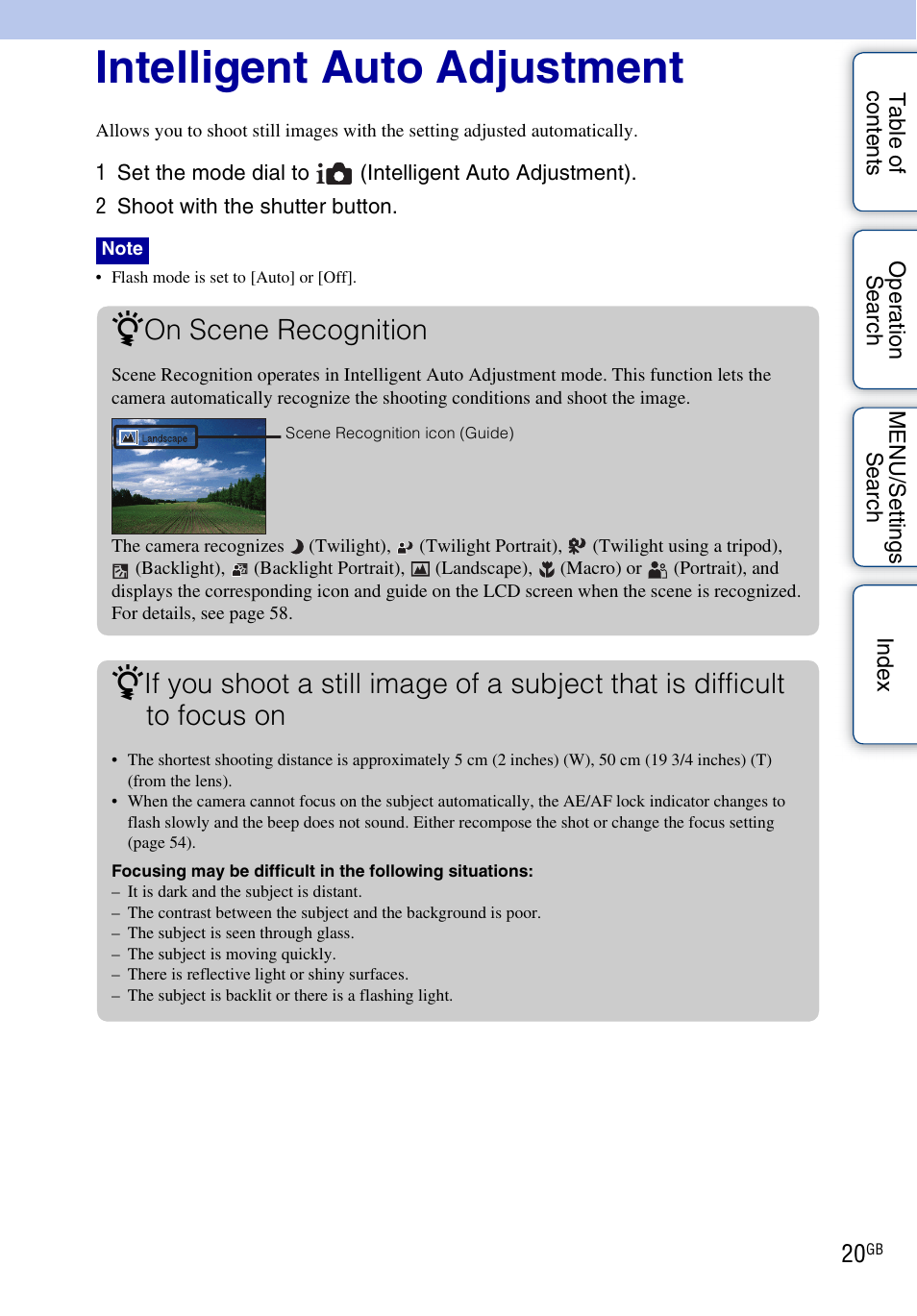 Intelligent auto adjustment, On scene recognition | Sony DSC-WX1 User Manual | Page 20 / 135