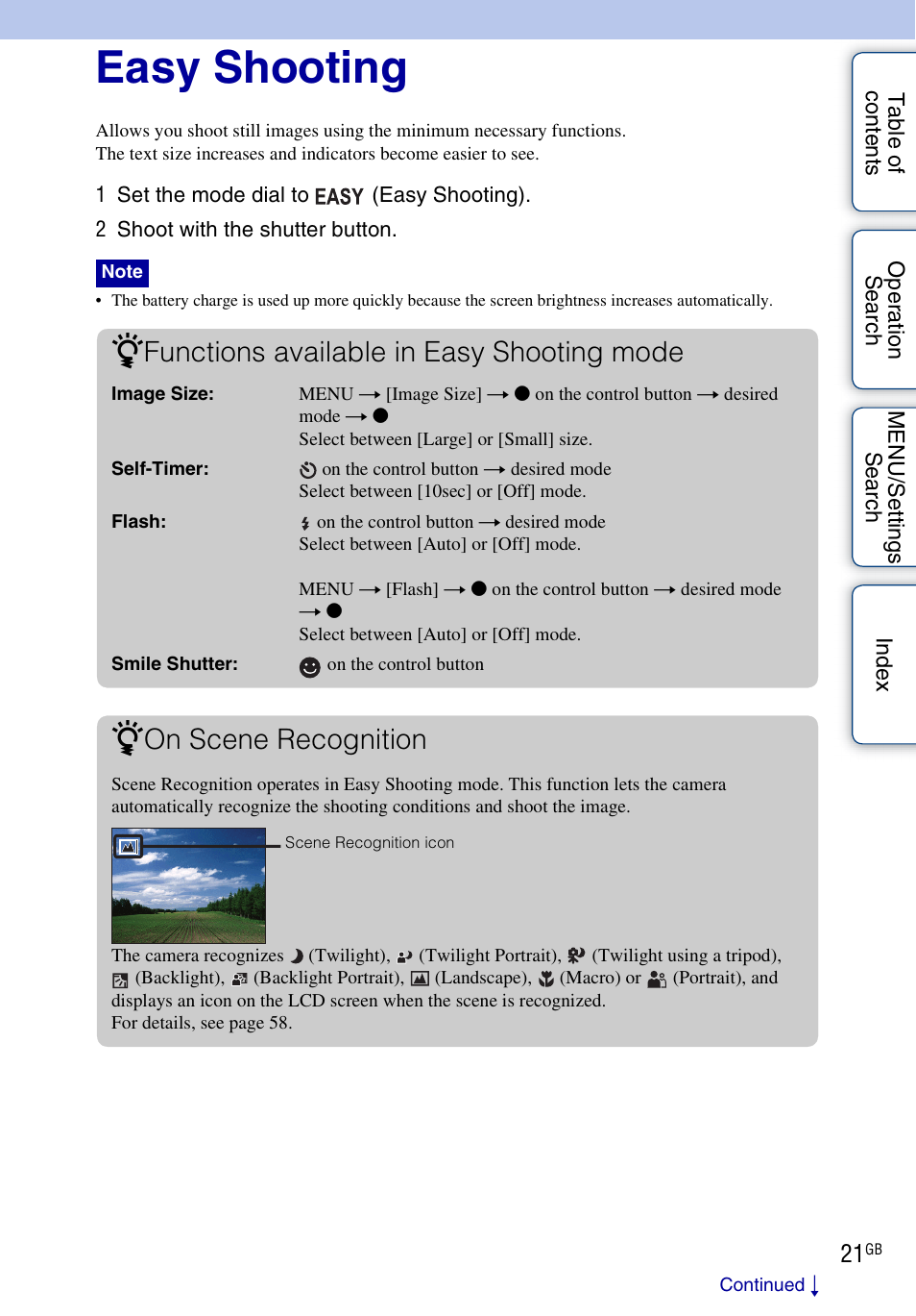 Easy shooting, Functions available in easy shooting mode, On scene recognition | Sony DSC-WX1 User Manual | Page 21 / 135