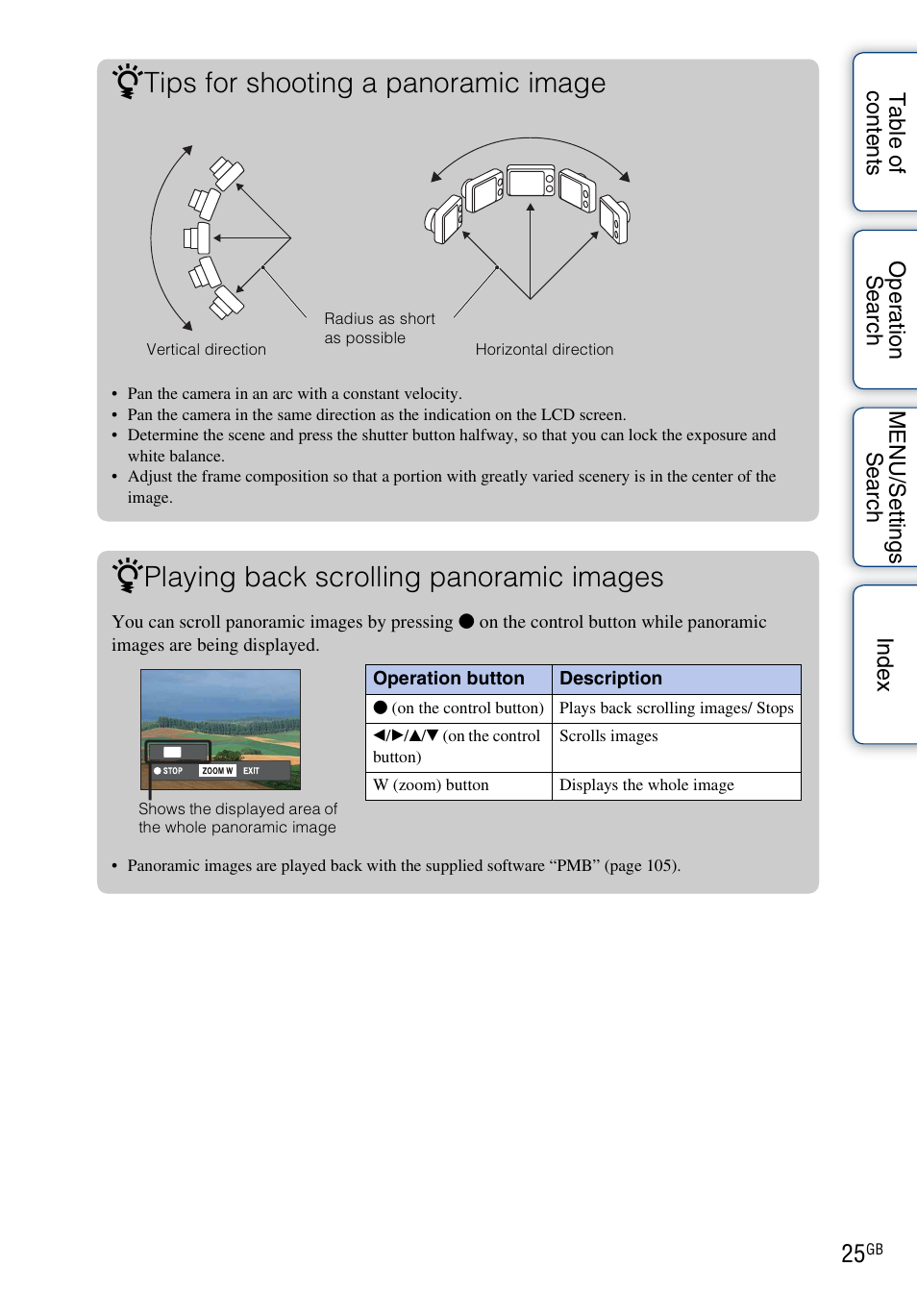 Tips for shooting a panoramic image, Playing back scrolling panoramic images | Sony DSC-WX1 User Manual | Page 25 / 135