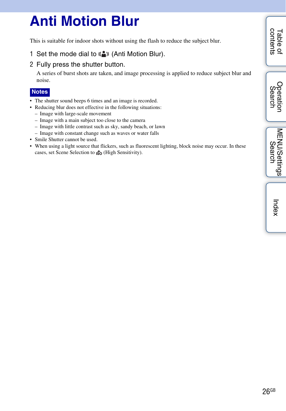 Anti motion blur | Sony DSC-WX1 User Manual | Page 26 / 135