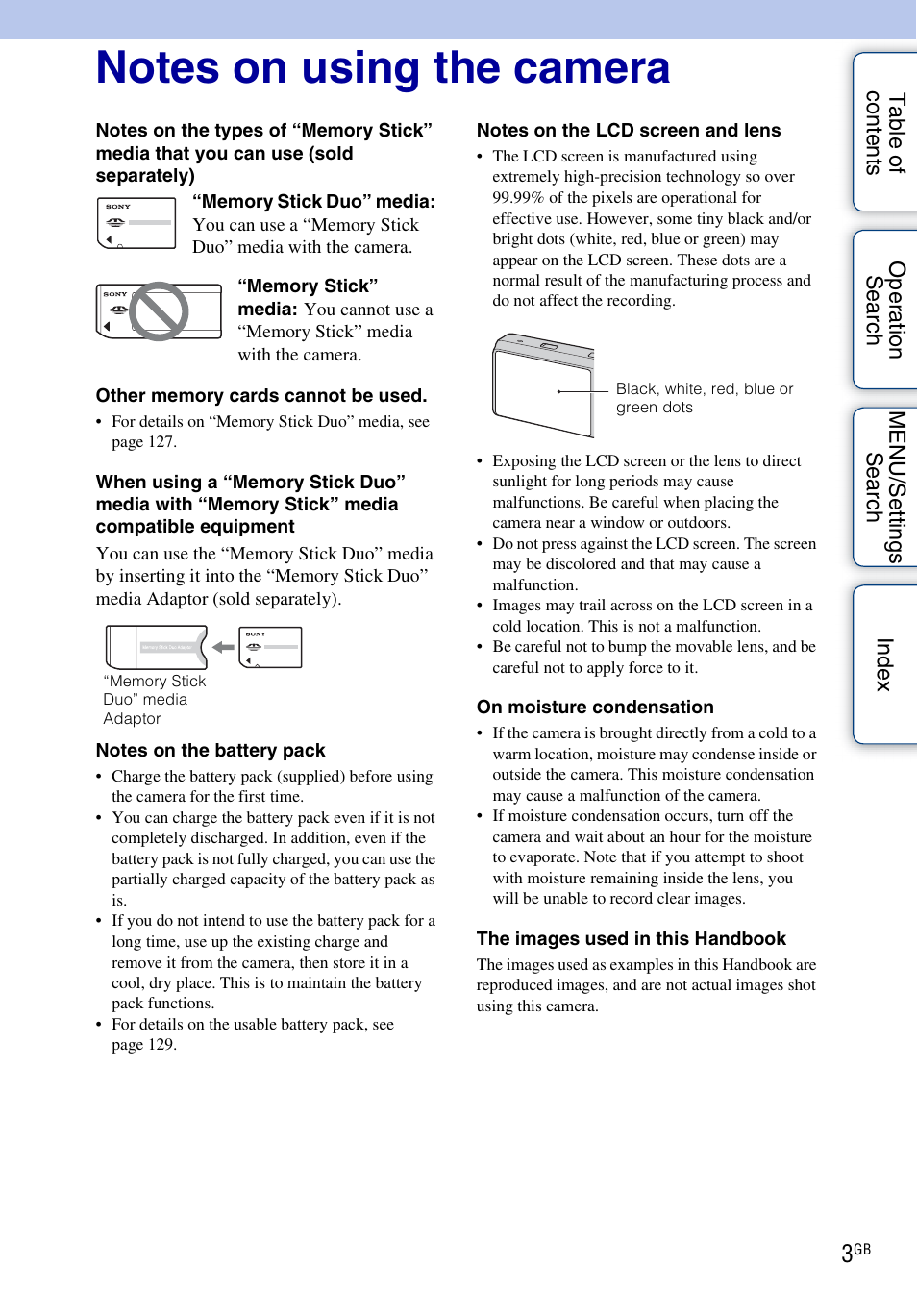 Notes on using the camera | Sony DSC-WX1 User Manual | Page 3 / 135