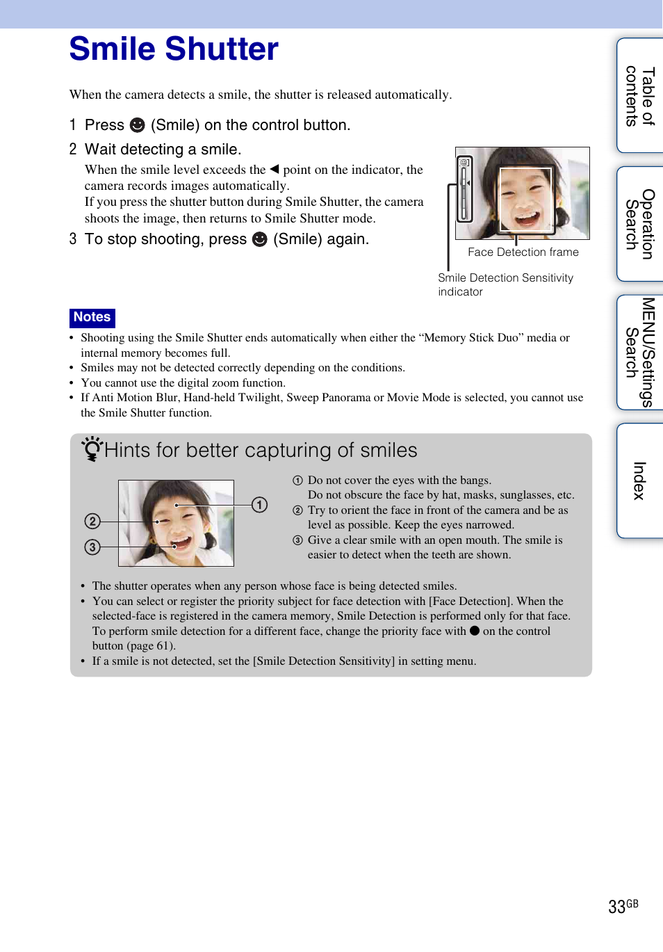 Smile shutter, Hints for better capturing of smiles | Sony DSC-WX1 User Manual | Page 33 / 135