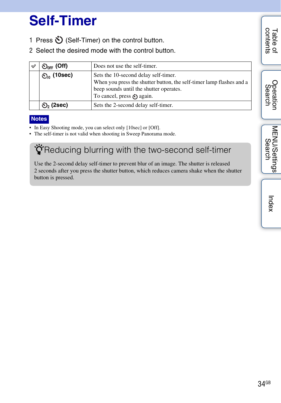 Self-timer, Reducing blurring with the two-second self-timer | Sony DSC-WX1 User Manual | Page 34 / 135