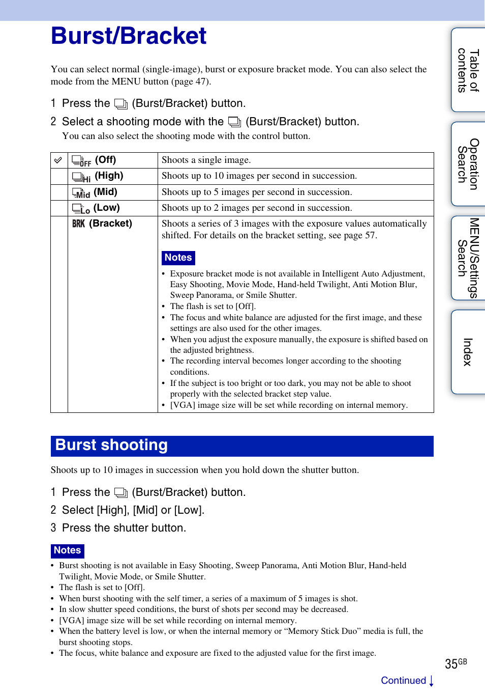 Burst/bracket, Burst shooting | Sony DSC-WX1 User Manual | Page 35 / 135