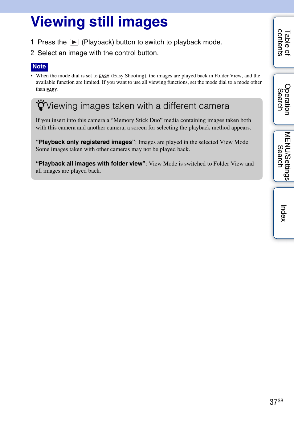 Viewing still images, Viewing images taken with a different camera | Sony DSC-WX1 User Manual | Page 37 / 135