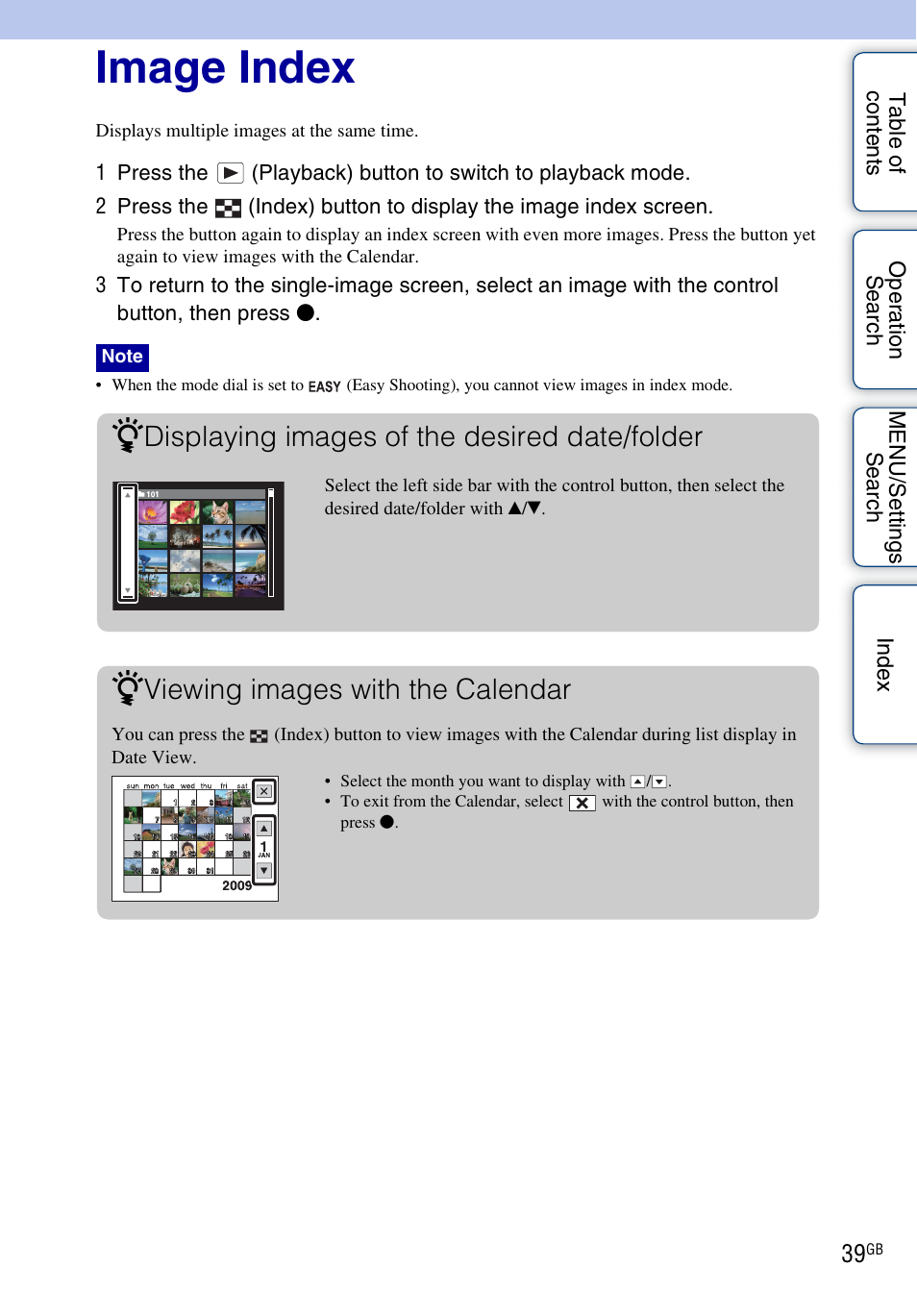 Image index, Displaying images of the desired date/folder, Viewing images with the calendar | Sony DSC-WX1 User Manual | Page 39 / 135