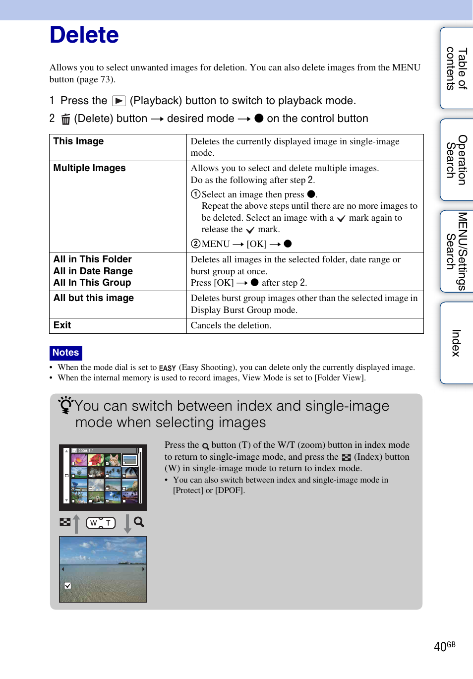 Delete | Sony DSC-WX1 User Manual | Page 40 / 135