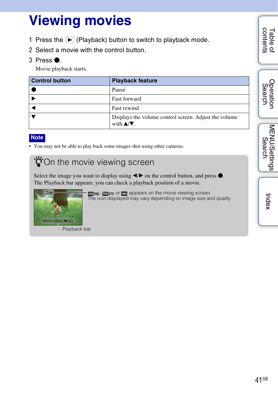 Viewing movies, On the movie viewing screen | Sony DSC-WX1 User Manual | Page 41 / 135