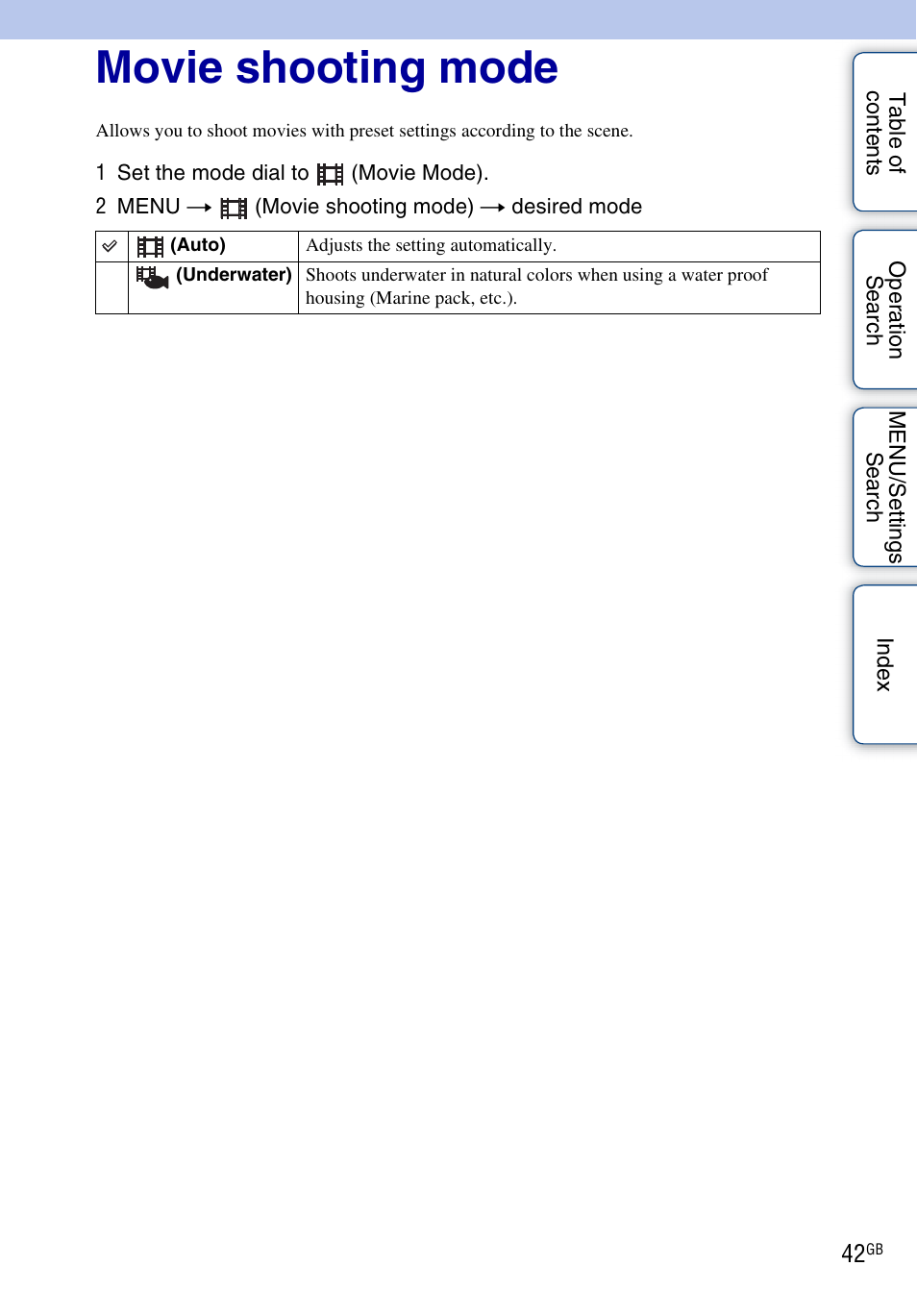 Movie shooting mode | Sony DSC-WX1 User Manual | Page 42 / 135