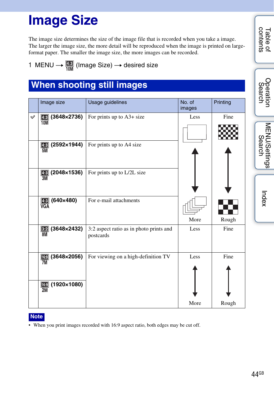 Image size, When shooting still images | Sony DSC-WX1 User Manual | Page 44 / 135