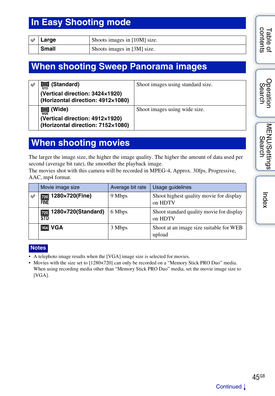 When shooting sweep panorama images, When shooting movies | Sony DSC-WX1 User Manual | Page 45 / 135